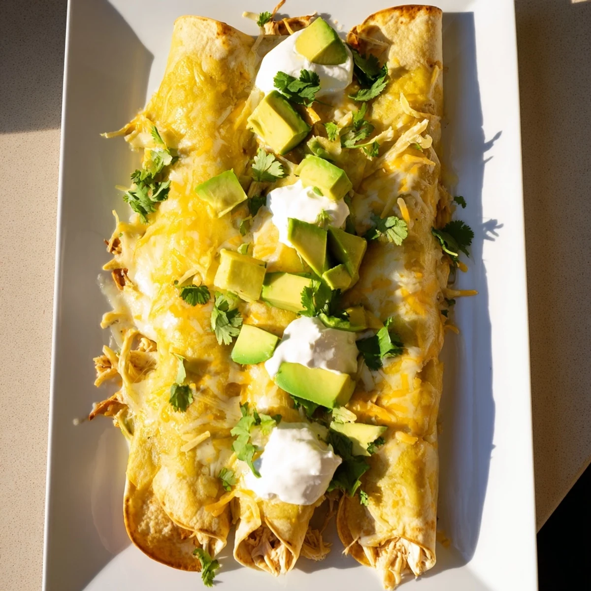 Softened corn tortillas filled with tender shredded chicken, smothered in tangy green enchilada sauce and melted Monterey Jack cheese, ready to bake.