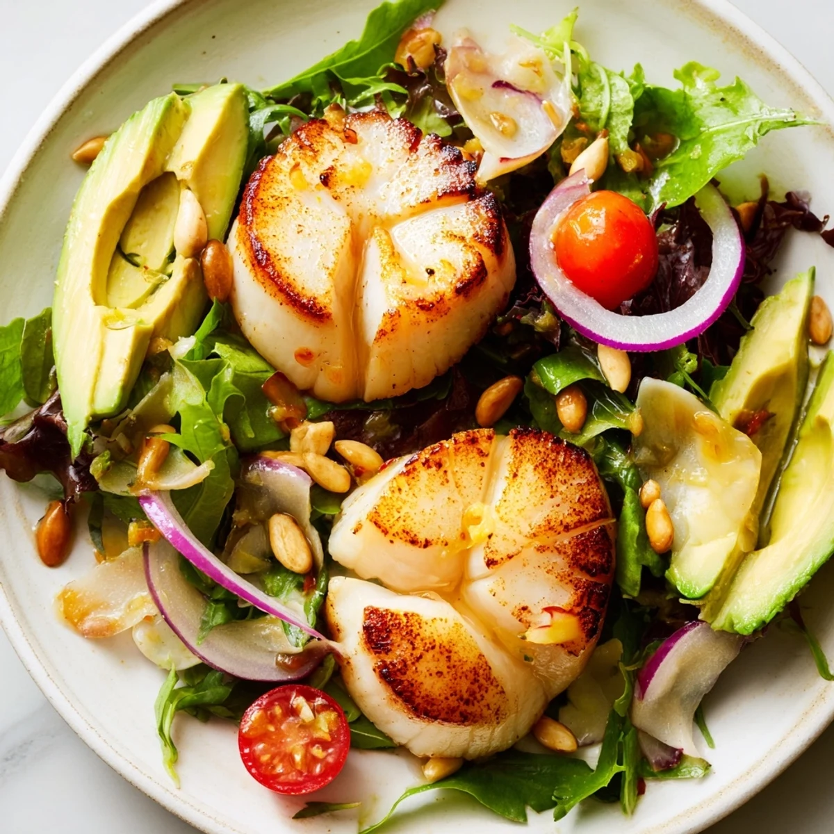 Pan Seared Scallops Romantic Dinner Salad with golden crusts rests on mixed greens and avocado.