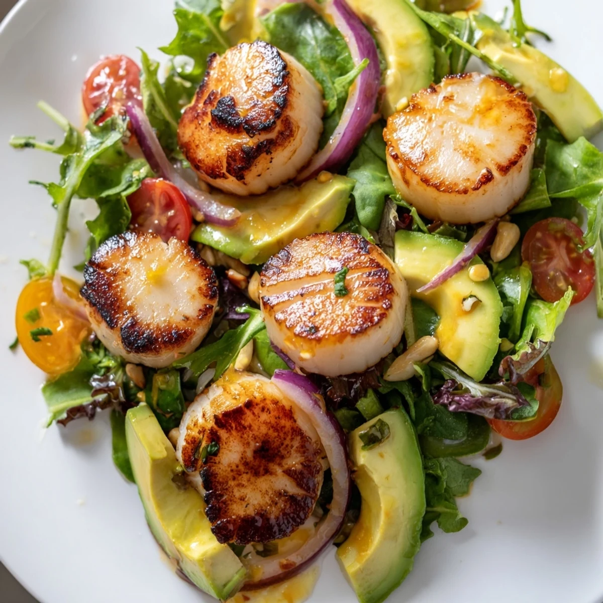 Romantic dinner plate featuring Pan Seared Scallops Romantic Dinner Salad beside crisp greens and toasted pine nuts.