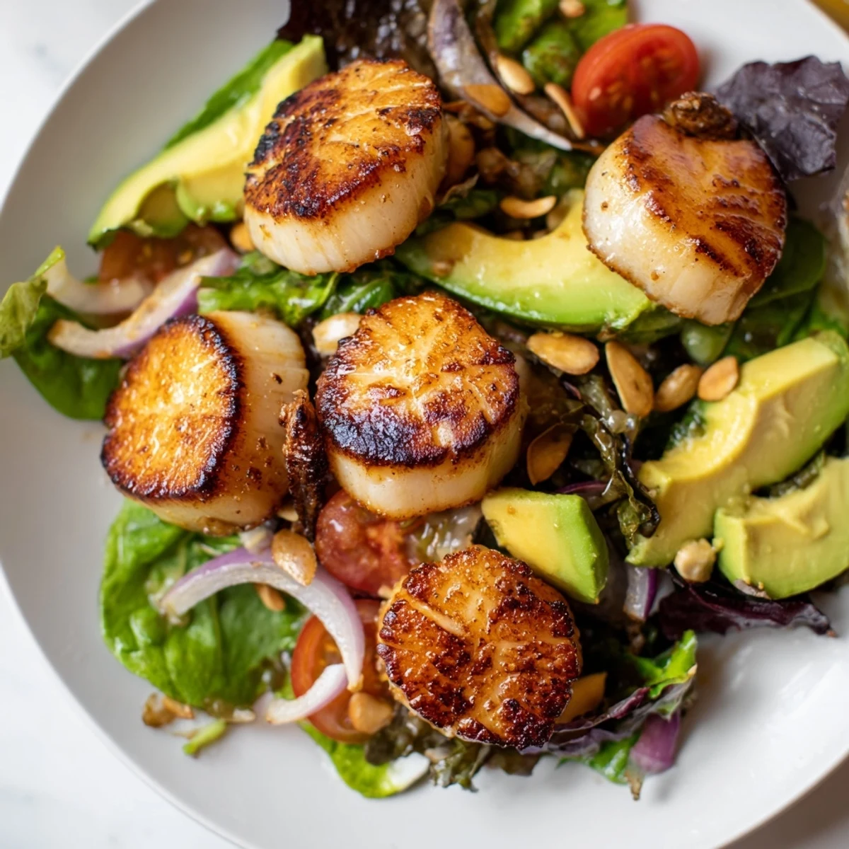 A close-up of Pan Seared Scallops Romantic Dinner Salad drizzled with citrus vinaigrette and pomegranate arils.