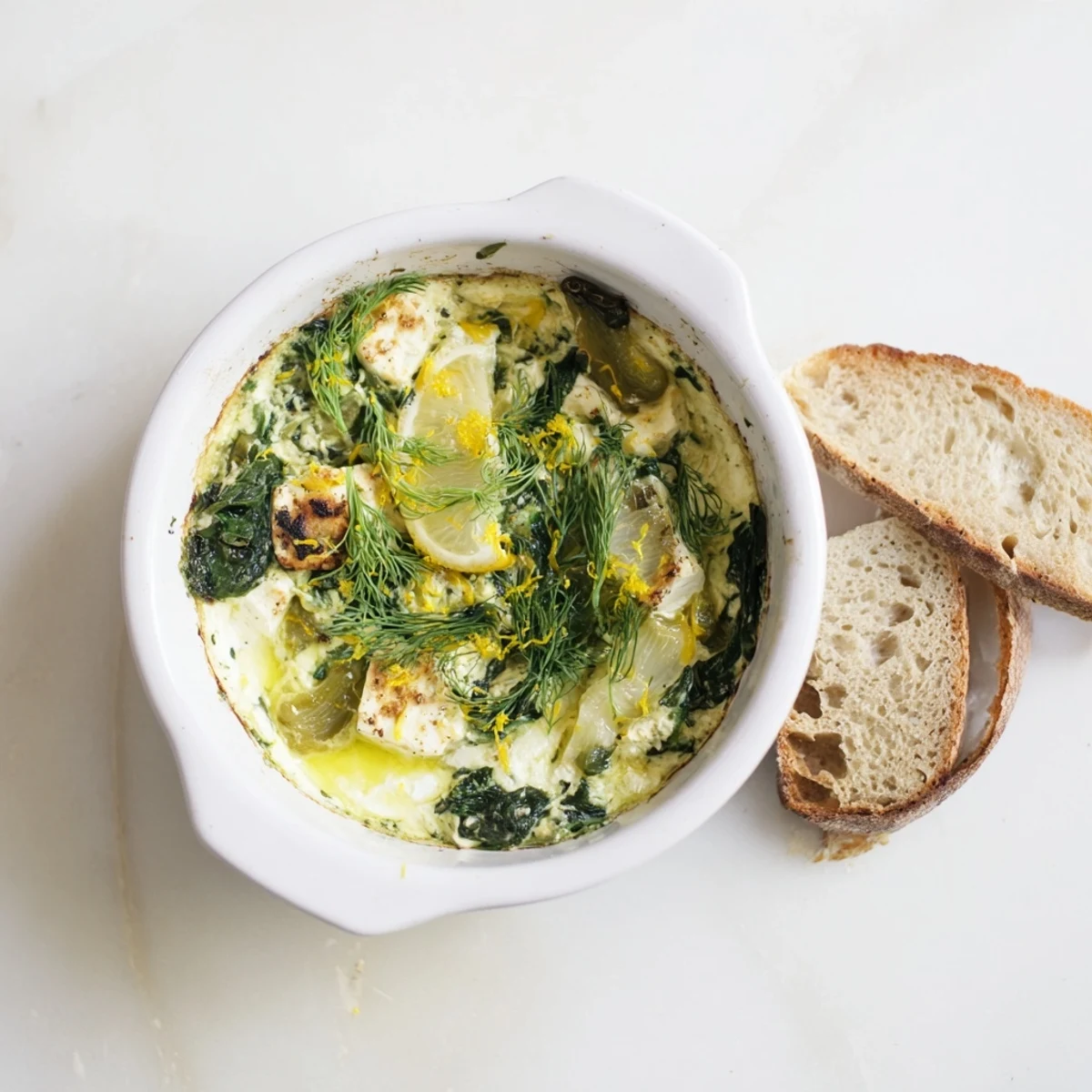A close-up of bubbling Spinach and Pepperoncini Baked Feta Dip fresh from the oven, garnished with fresh dill.
