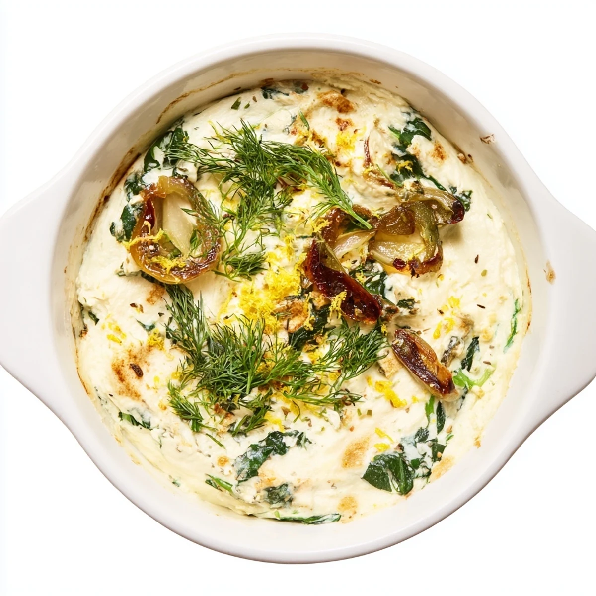 Golden-brown Spinach and Pepperoncini Baked Feta Dip in a baking dish, served warm with crusty bread for dipping.