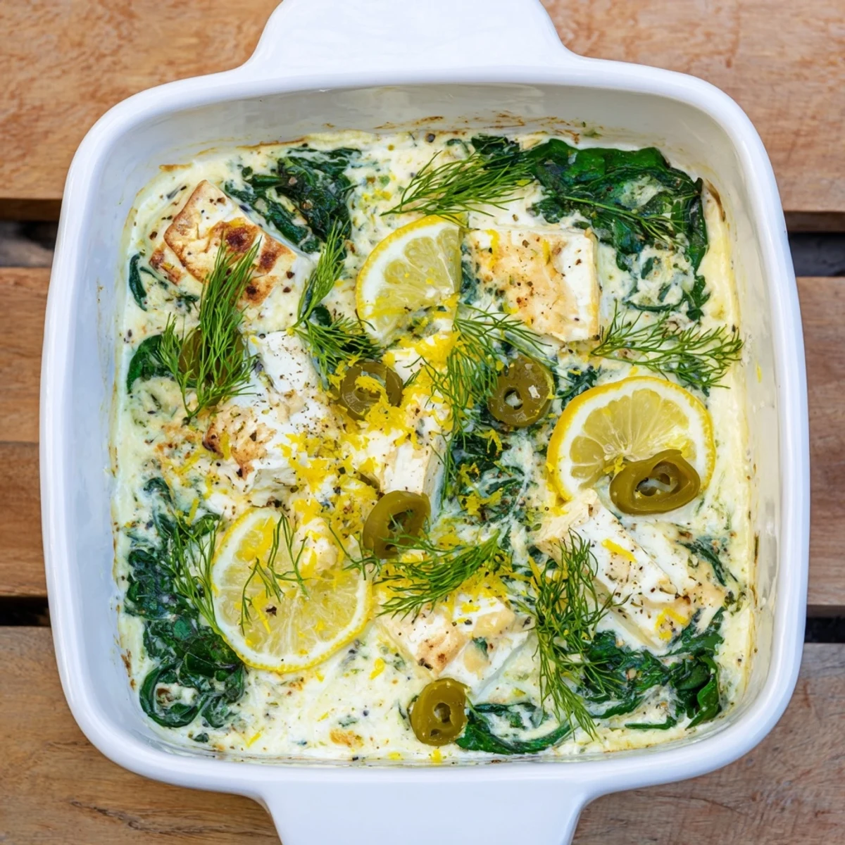 Creamy Spinach and Pepperoncini Baked Feta Dip with vibrant green spinach and tangy peppers, ready to serve at a party.