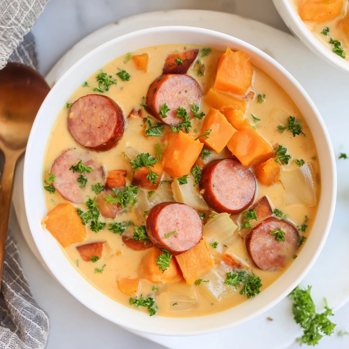 A close-up of velvety Creamy Sweet Potato and Sausage Soup with sausage slices visible.