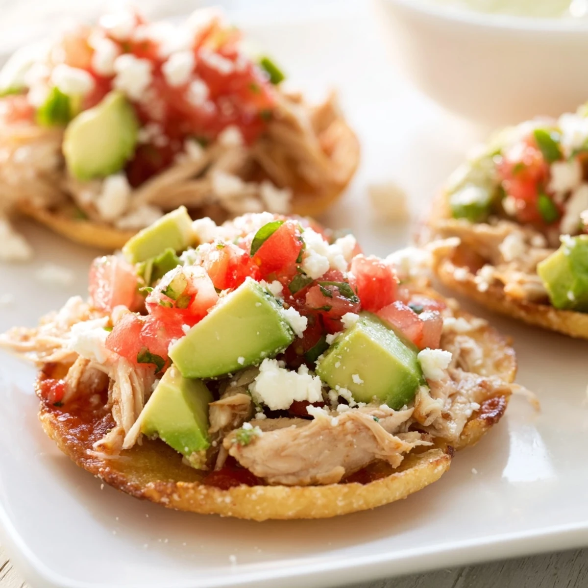 Savory Mini Chicken Tostadas served with tangy sour cream, cilantro, and lime wedges on a rustic platter.