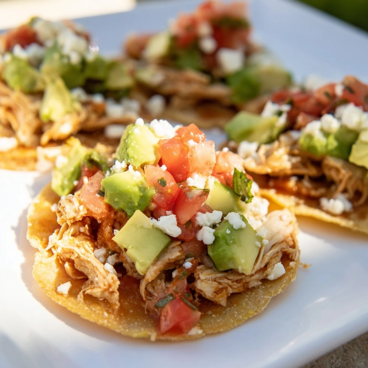 Golden crispy mini tostadas topped with tender shredded chicken, fresh pico de gallo, and creamy diced avocado.