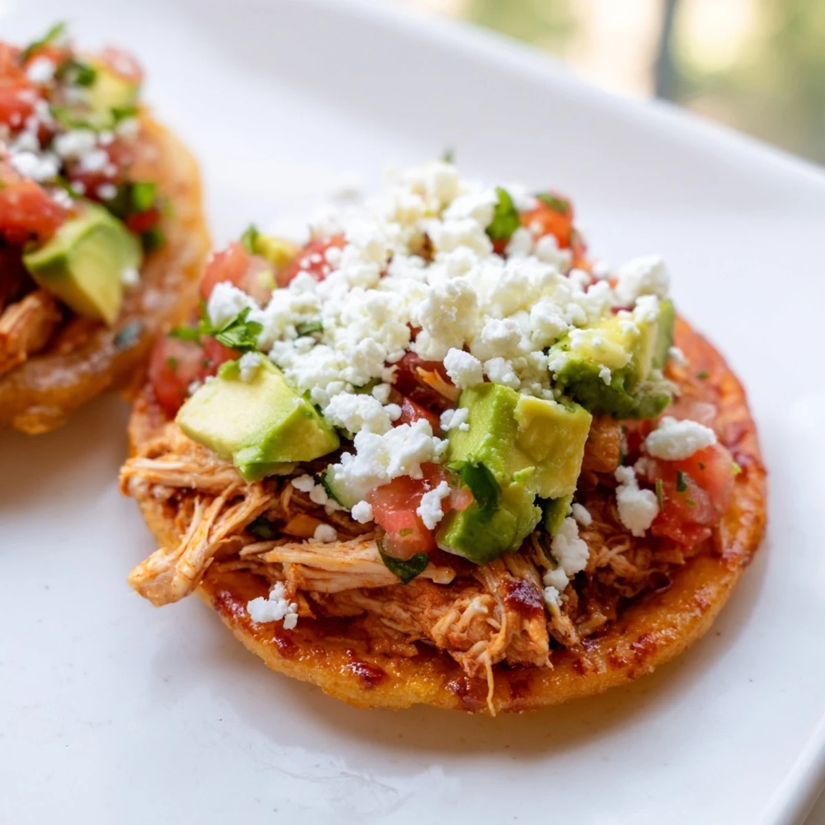 Close-up of Mini Chicken Tostadas featuring seasoned chicken, melted queso fresco, and colorful salsa on crisp corn tortillas.