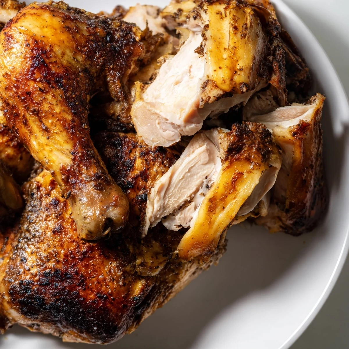 Golden-brown crispy skin on Roasted Zaatar Chicken served with roasted carrots and onions on a platter.