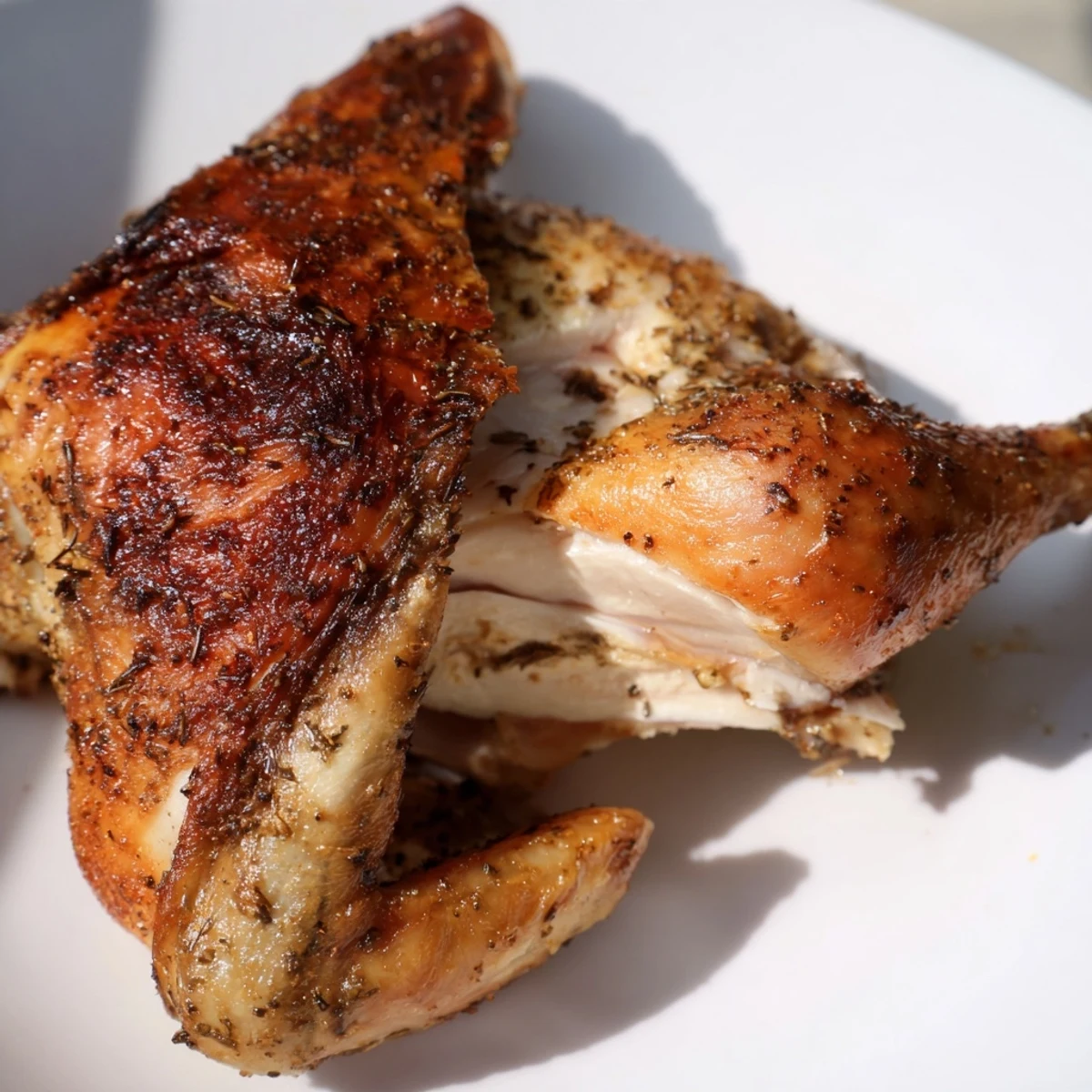 A close-up slice of Roasted Zaatar Chicken revealing tender, aromatic meat with a hint of zaatar spice.