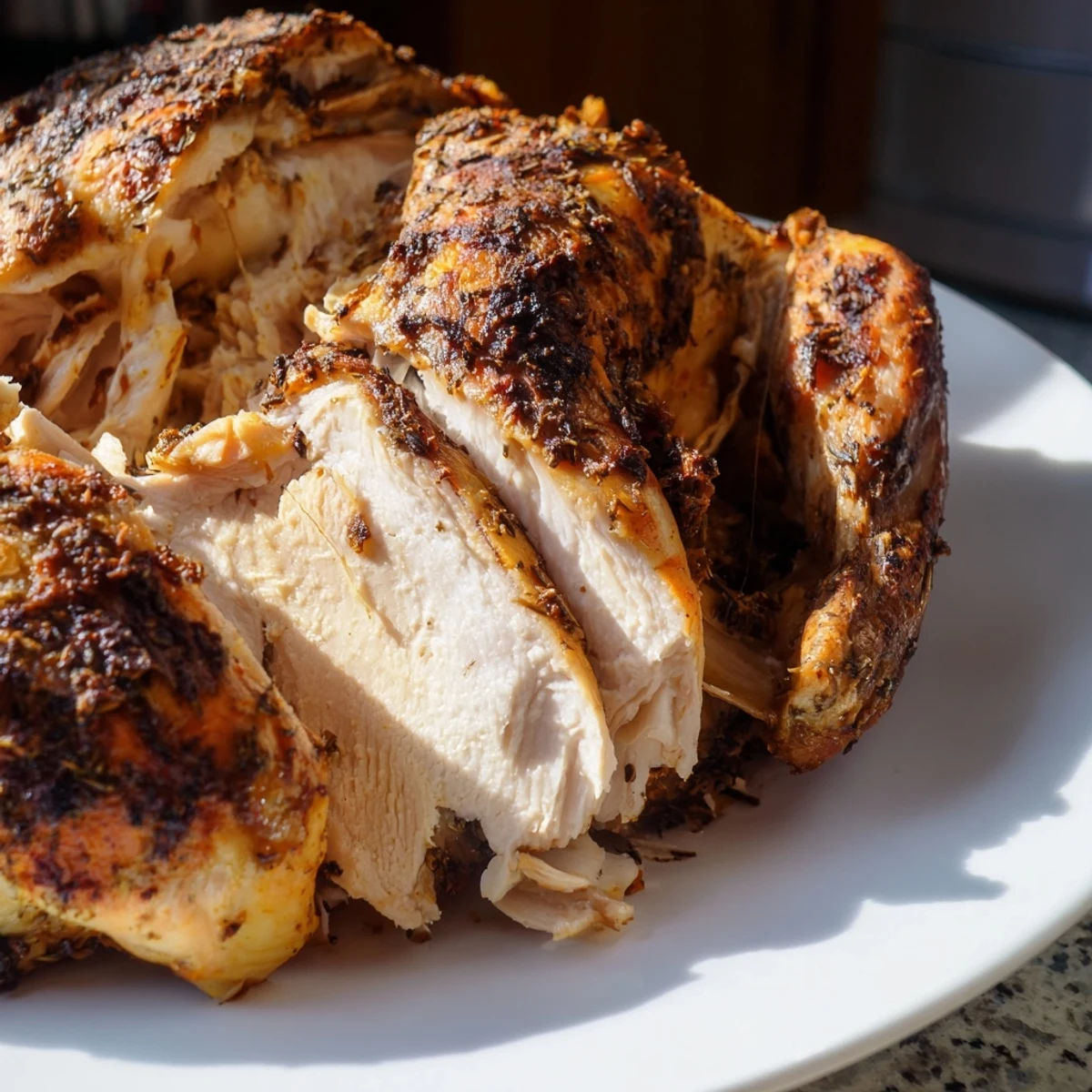 Juicy whole Roasted Zaatar Chicken resting on a bed of lemon slices and fresh herbs.