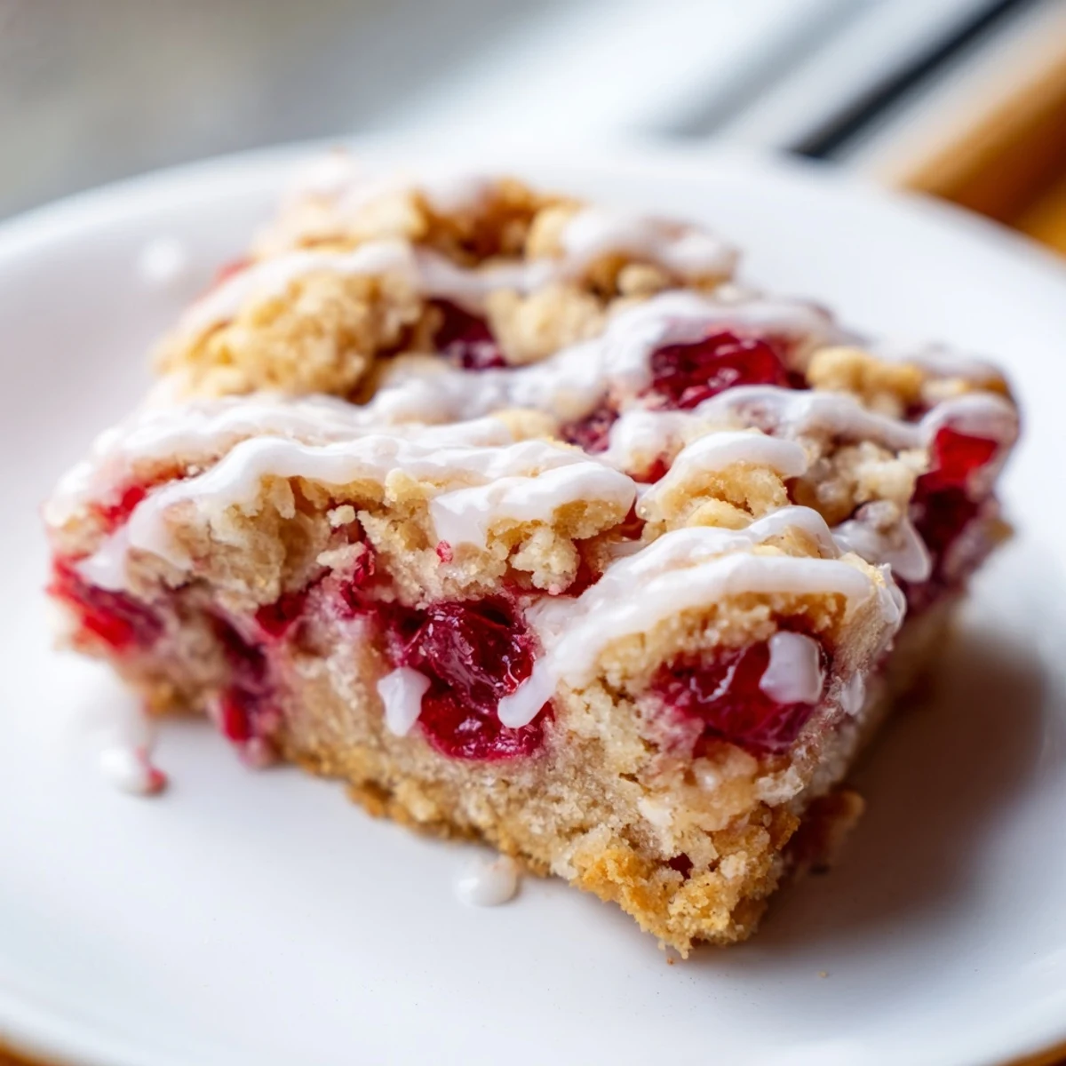 Golden bars with a crumbly buttery topping, cherry pie filling peeking through on a baking sheet.