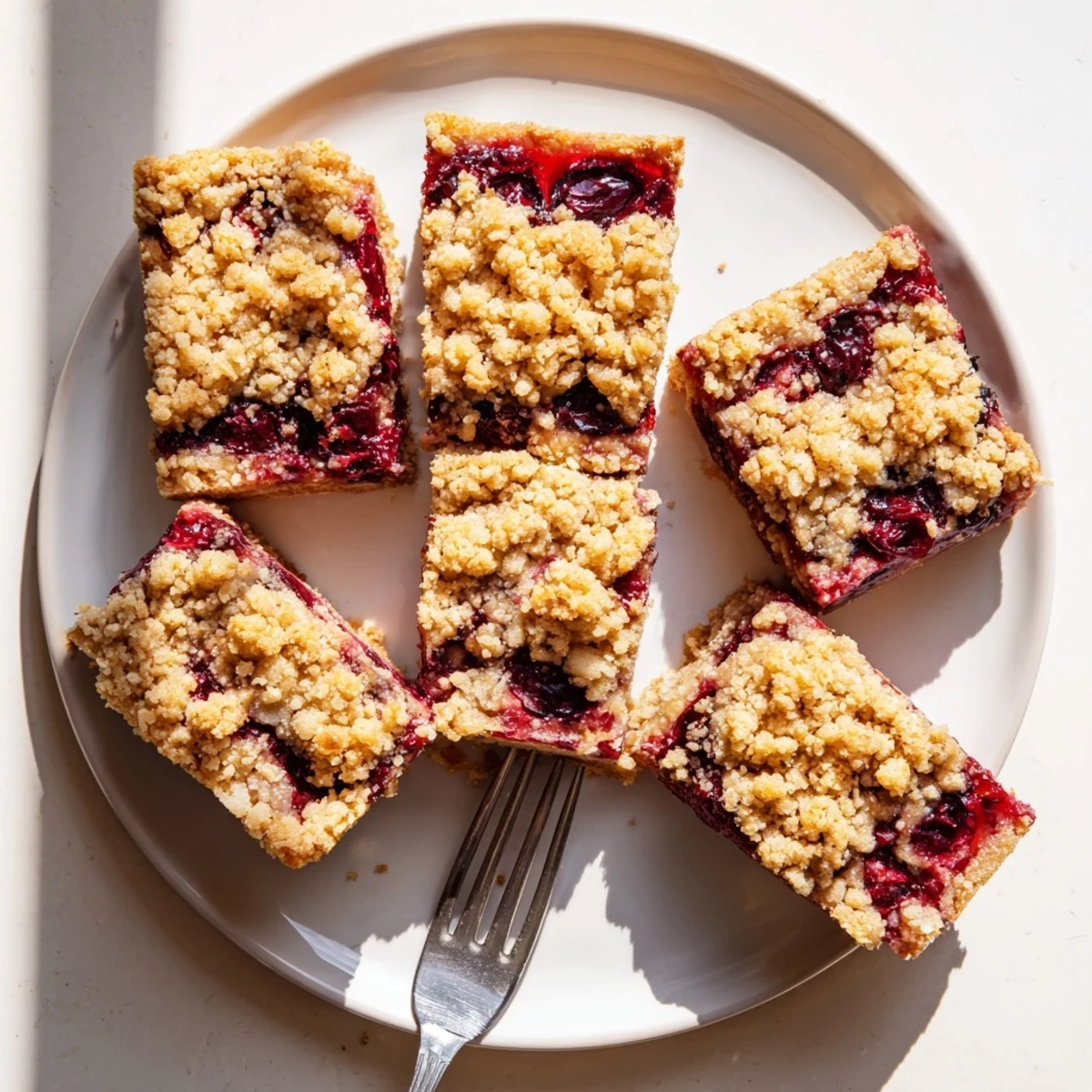 Freshly baked cherry crumble bars revealing crumbly oat topping and vibrant red cherry filling inside.