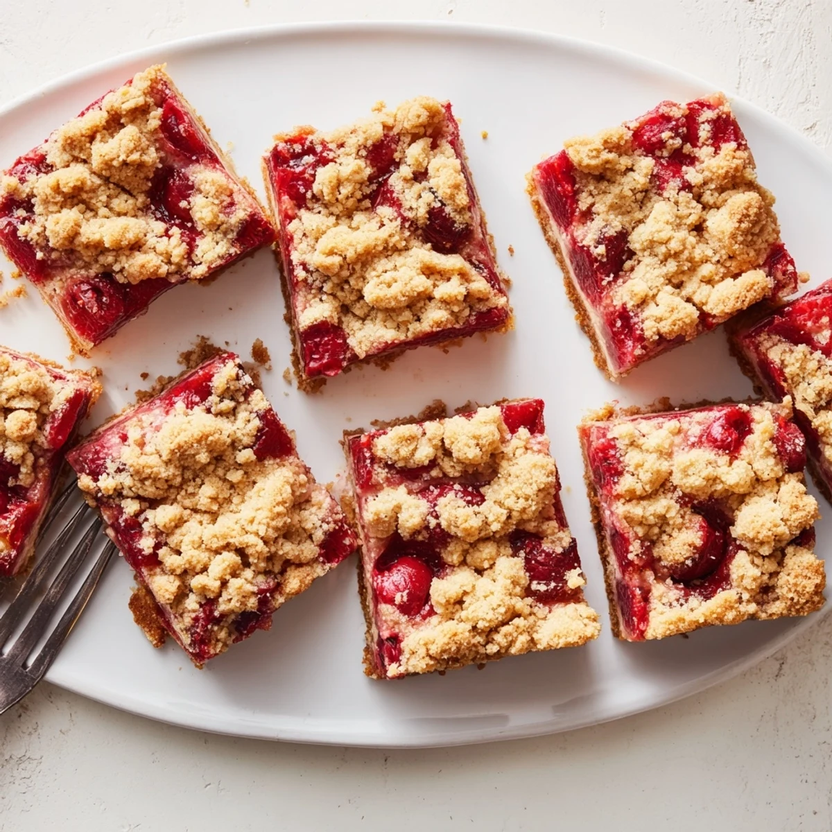 Golden brown cherry crumble bars with a bubbly ruby-red cherry filling on a rustic wooden table.
