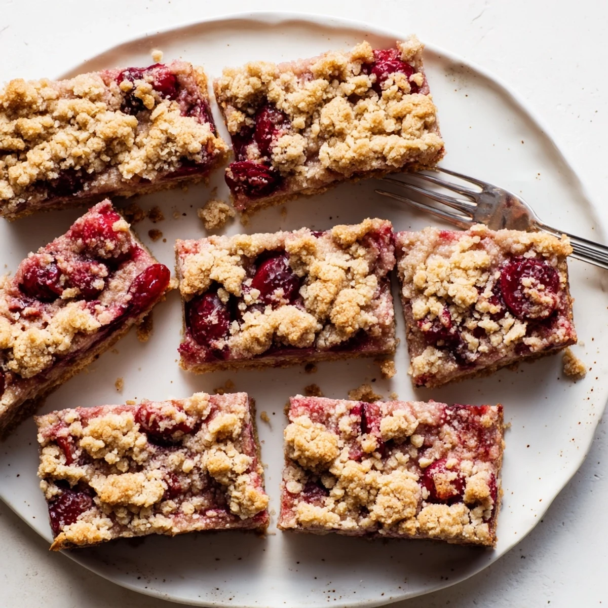A serving of warm cherry crumble bars with melting vanilla ice cream beside the baking dish.