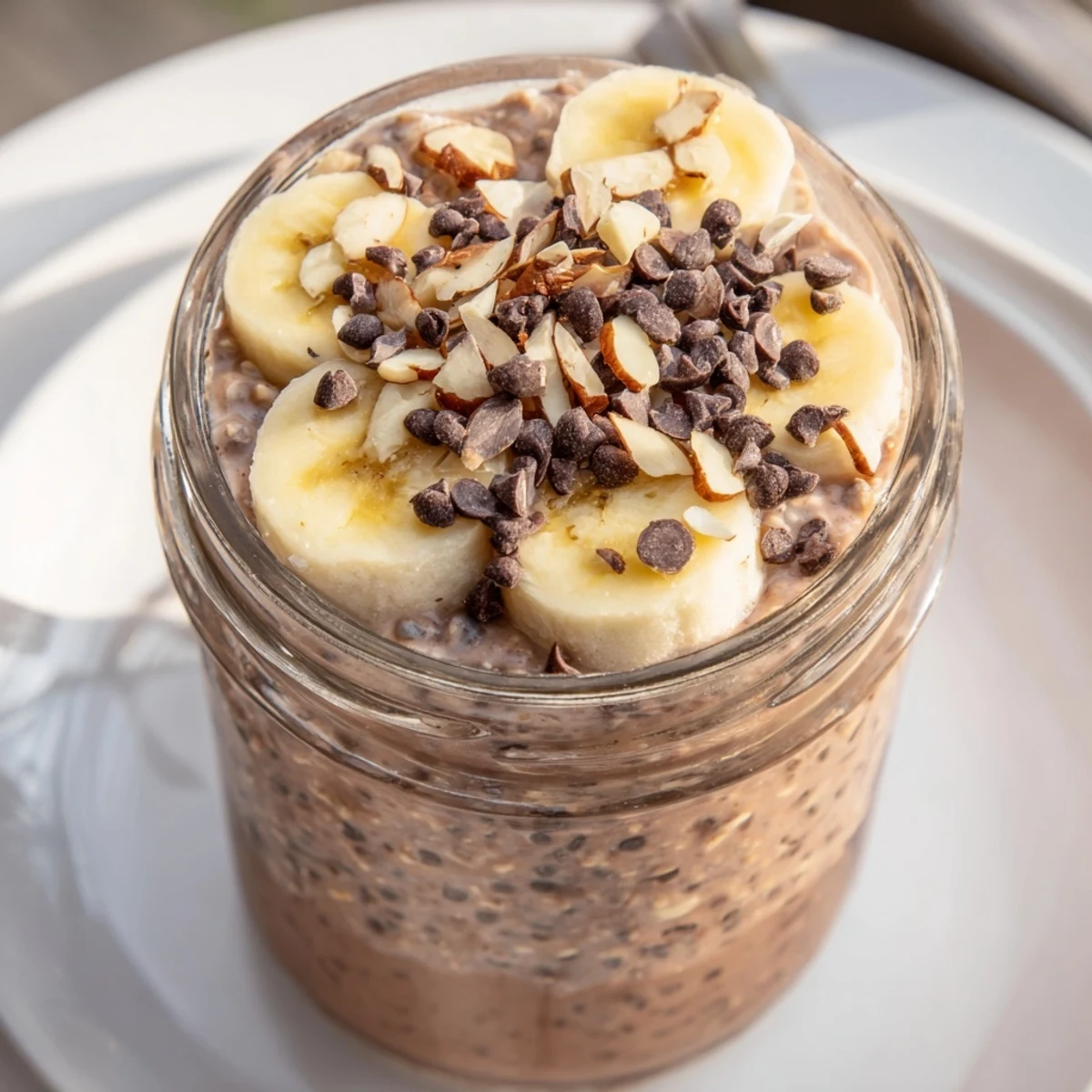 A spoon scooping into creamy Ultimate Healthy Chocolate Overnight Oats with fresh berries and dark chocolate chips, showcasing the rich texture.