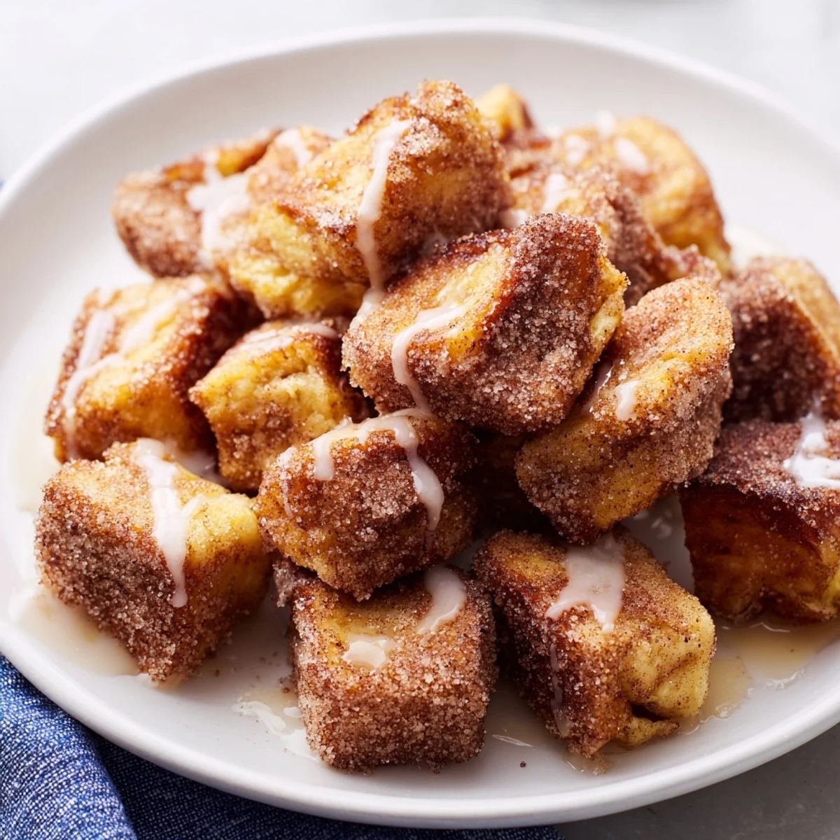 Golden-brown Cinnamon Roll French Toast Bites glazed and drizzled on a white plate for a sweet breakfast treat.