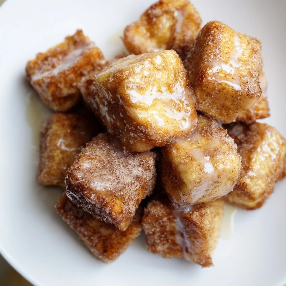 Cozy brunch plate of Cinnamon Roll French Toast Bites with a side of maple syrup and fresh berries.
