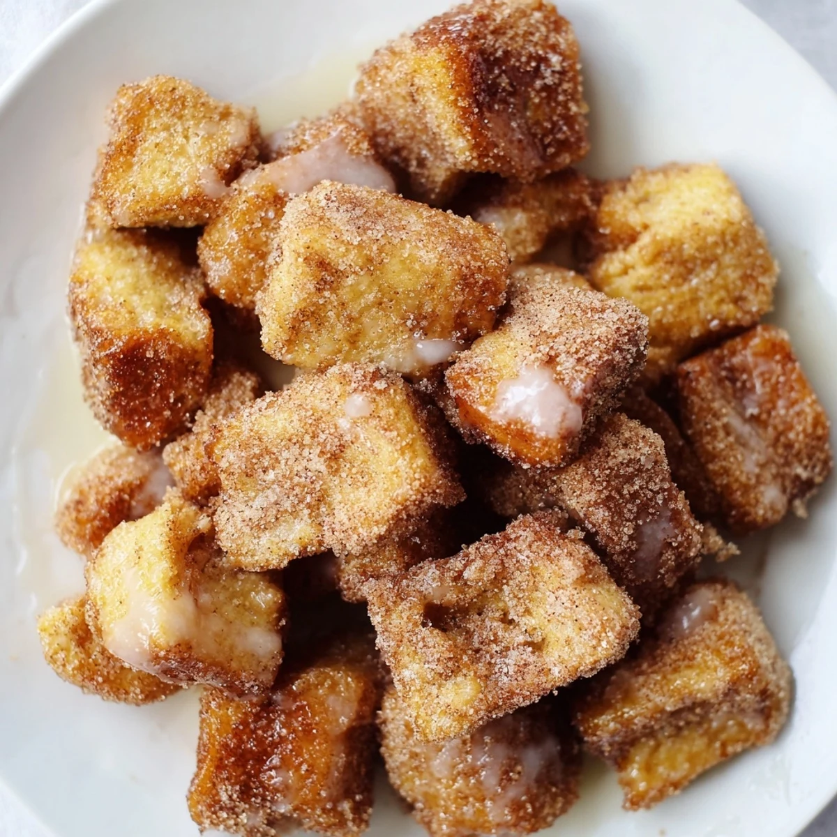 Steaming Cinnamon Roll French Toast Bites dusted with cinnamon sugar and stacked in a rustic skillet for serving.