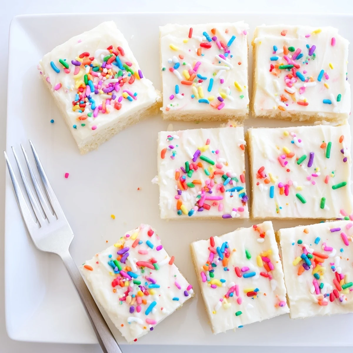 Warm frosted sugar cookie bars with colorful sprinkles arranged on a white ceramic plate.