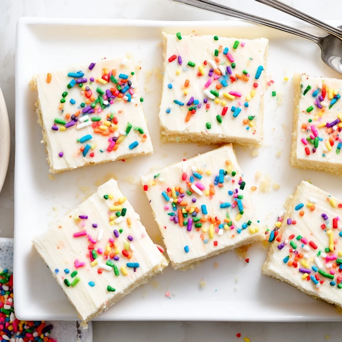 Sugar cookie bars stacked on a wooden cutting board next to a glass of milk.