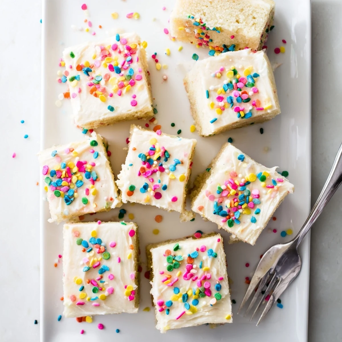 Golden baked sugar cookie bars topped with creamy pink frosting, served on a marble countertop.