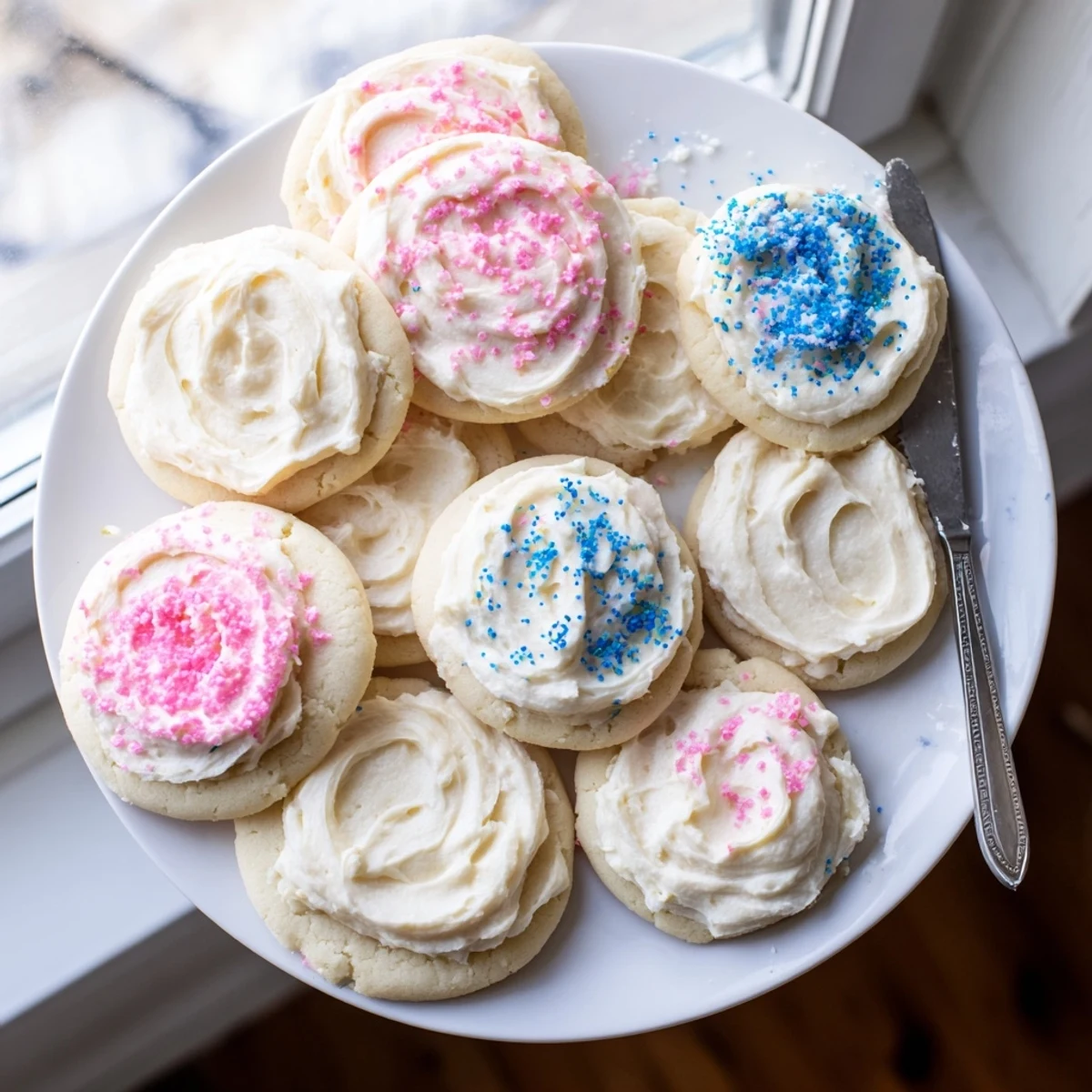 Easy Sugar Cookie Frosting being spread with a butter knife over round sugar cookies, showing smooth texture and slight crust setting.