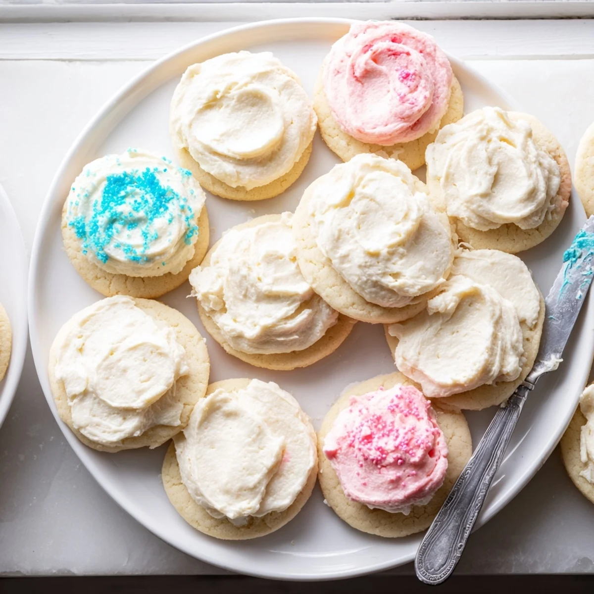 Close-up of fluffy Easy Sugar Cookie Frosting being piped onto freshly baked sugar cookies, creamy vanilla buttercream with soft peaks.