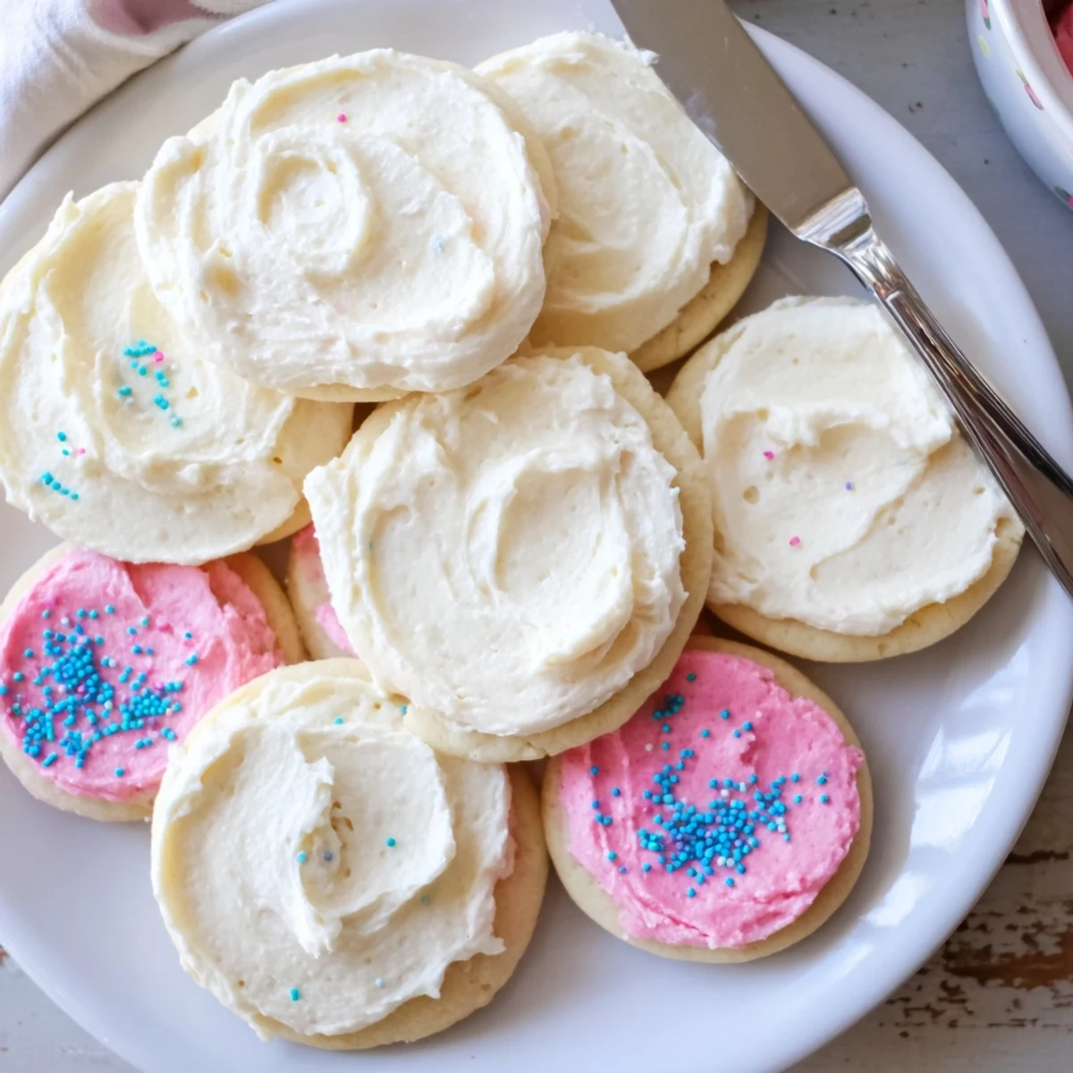 Easy Sugar Cookie Frosting in a bowl with mixer beaters nearby, surrounded by decorated sugar cookies on a cooling rack.