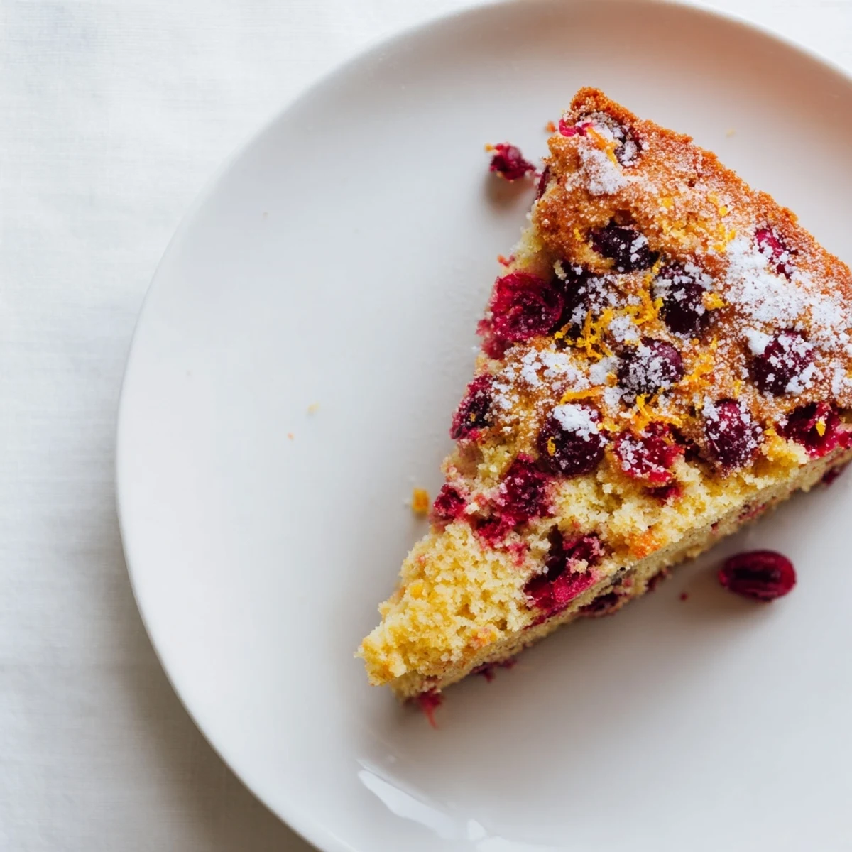 A moist Cranberry Cake with bright red berries nestled in a golden, buttery crumb, served warm with a dusting of powdered sugar.
