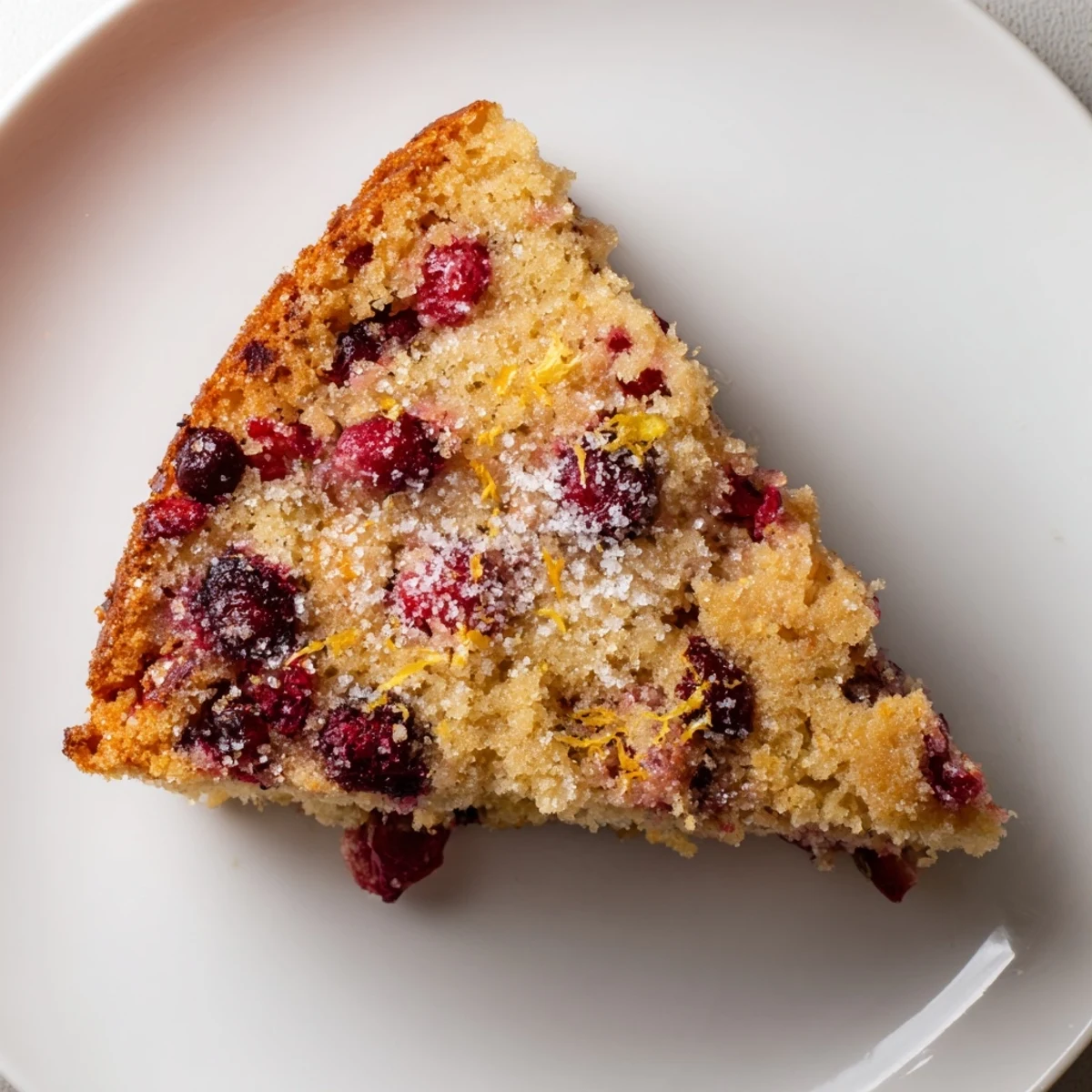A slice of homemade American Cranberry Cake on a white plate, juicy berries glistening, with a dollop of fresh whipped cream beside it.