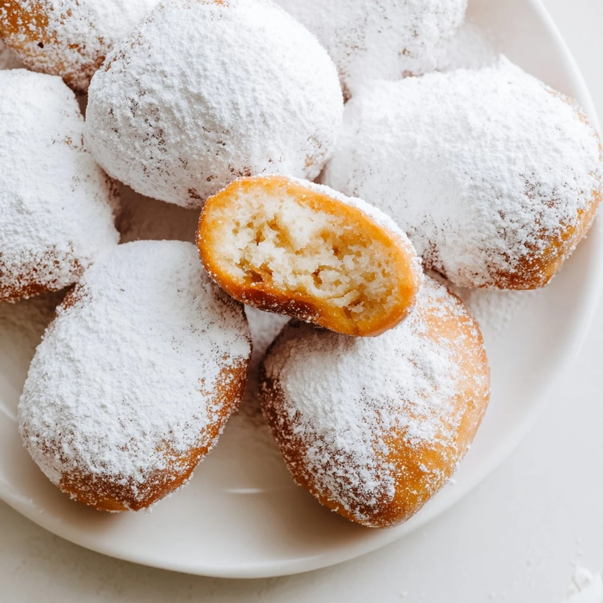 Warm Vanilla French Beignets are being dusted with powdered sugar next to a cup of coffee.