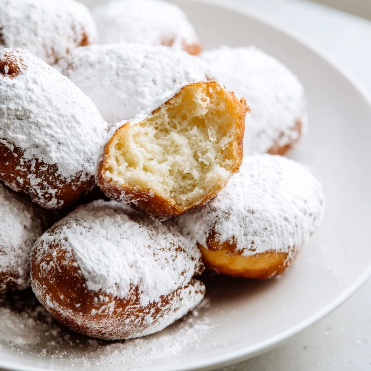 Golden Vanilla French Beignets dusted with powdered sugar on a rustic wooden board.