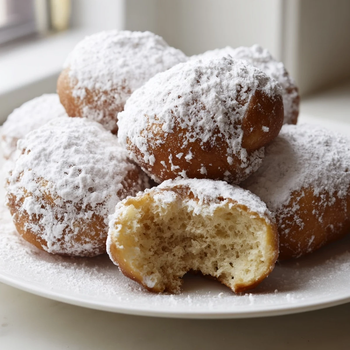 Stack of fluffy Vanilla French Beignets on a white plate with fresh berries on the side.