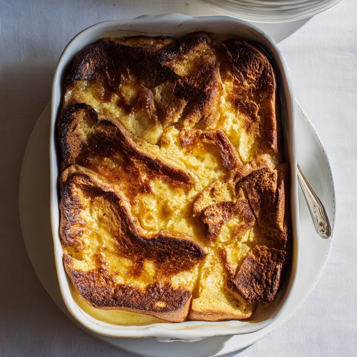 Golden slices of Crème Brûlée French Toast, glistening with caramel sauce and topped with a crackly, torched sugar crust on a rustic plate.
