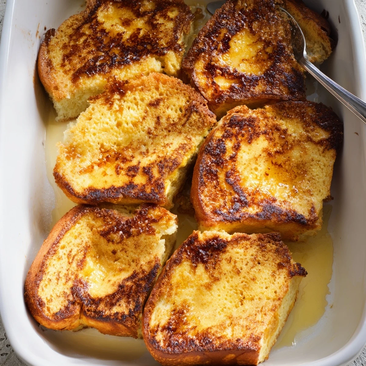 Decadent Crème Brûlée French Toast, baked golden and puffed, finished with a brûléed sugar layer and a drizzle of sweet sauce.