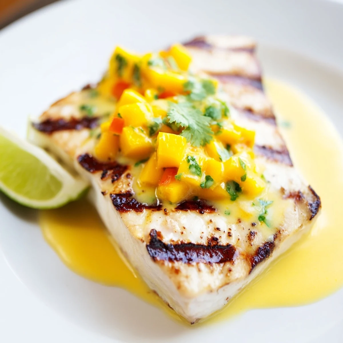 Golden grilled mahi mahi fillets glistening with mango lime butter sauce, garnished with fresh cilantro and lime wedges.