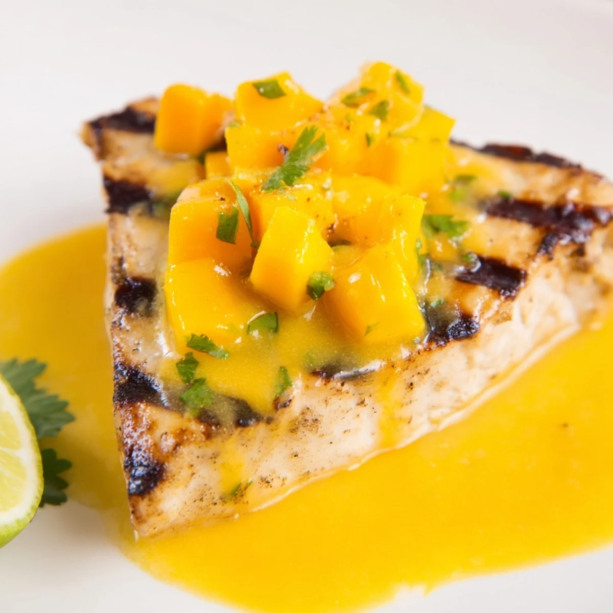 Succulent Mahi Mahi Mango Lime Butter Grilled Seafood Delight served on a white plate for summer dining.