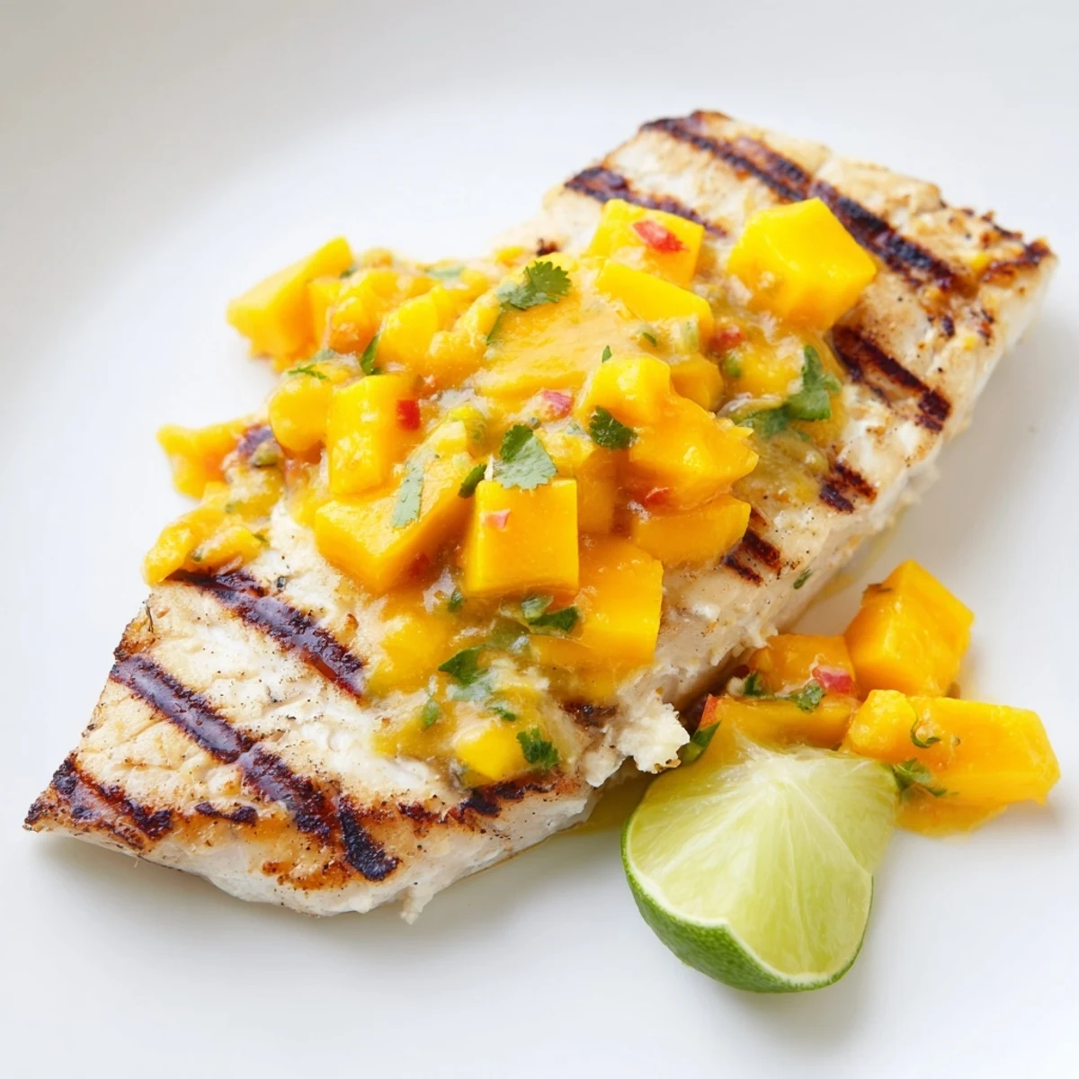 Close-up of tender mahi mahi topped with creamy mango lime butter, ready to serve with tropical garnishes.