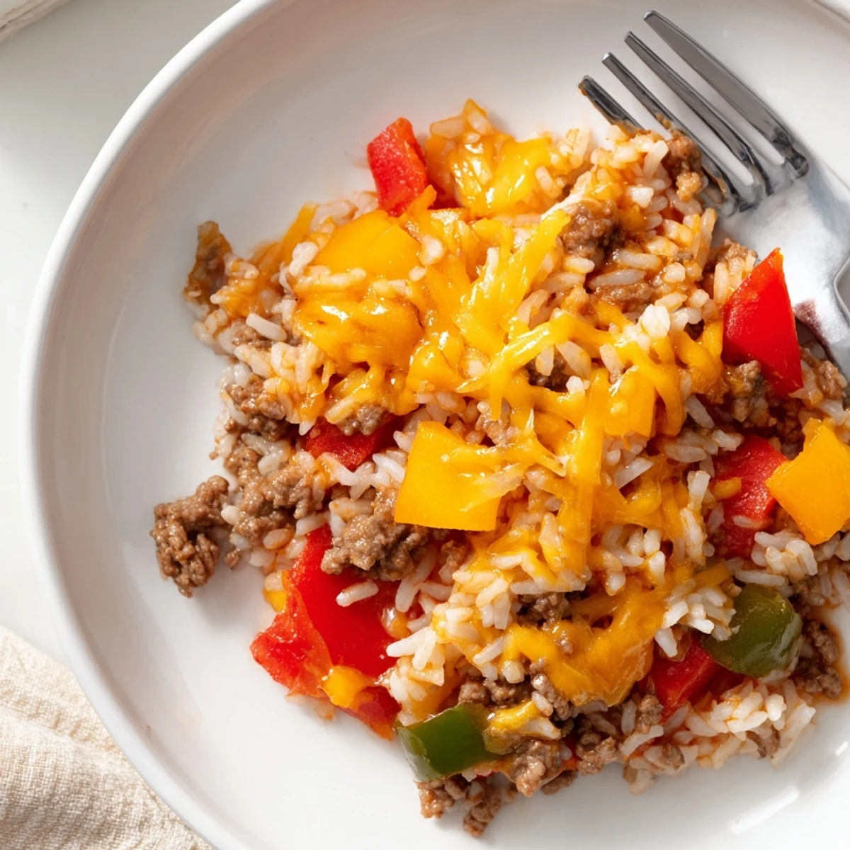 Golden-brown ground beef sizzles with colorful diced bell peppers and onions in a skillet, topped with melted mozzarella for the Unstuffed Pepper Skillet.