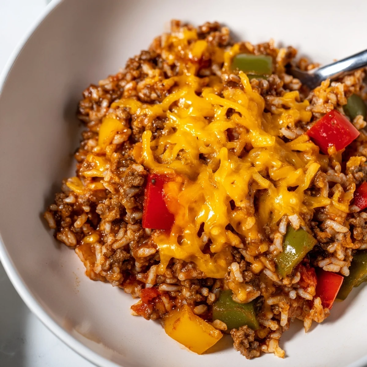 Steam rises from the hearty Unstuffed Pepper Skillet, showcasing a vibrant mix of veggies, ground meat, and melted cheese ready to be served.
