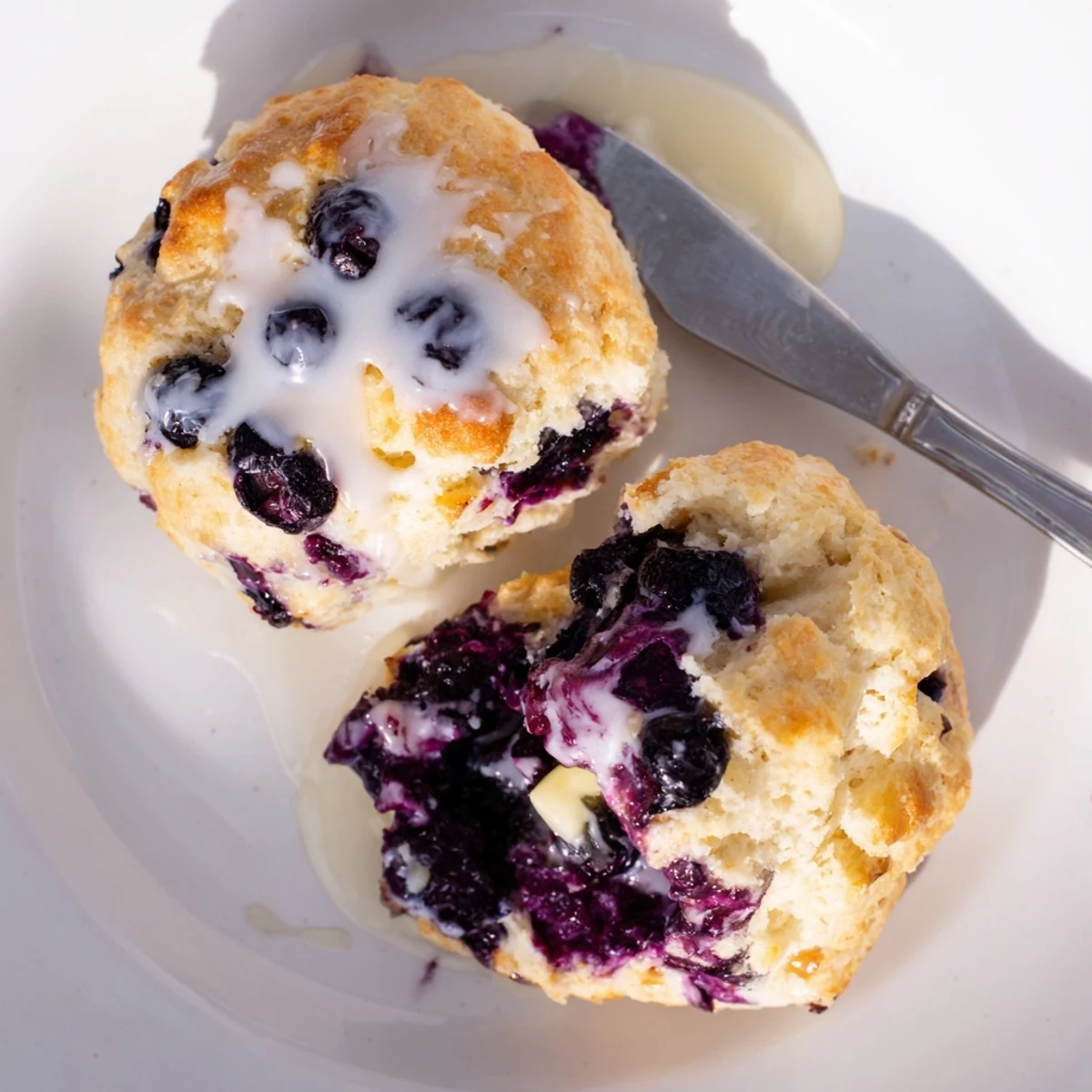 Freshly baked Nakishas Blueberry Biscuits with a glistening glaze, served alongside a steaming cup of morning coffee.