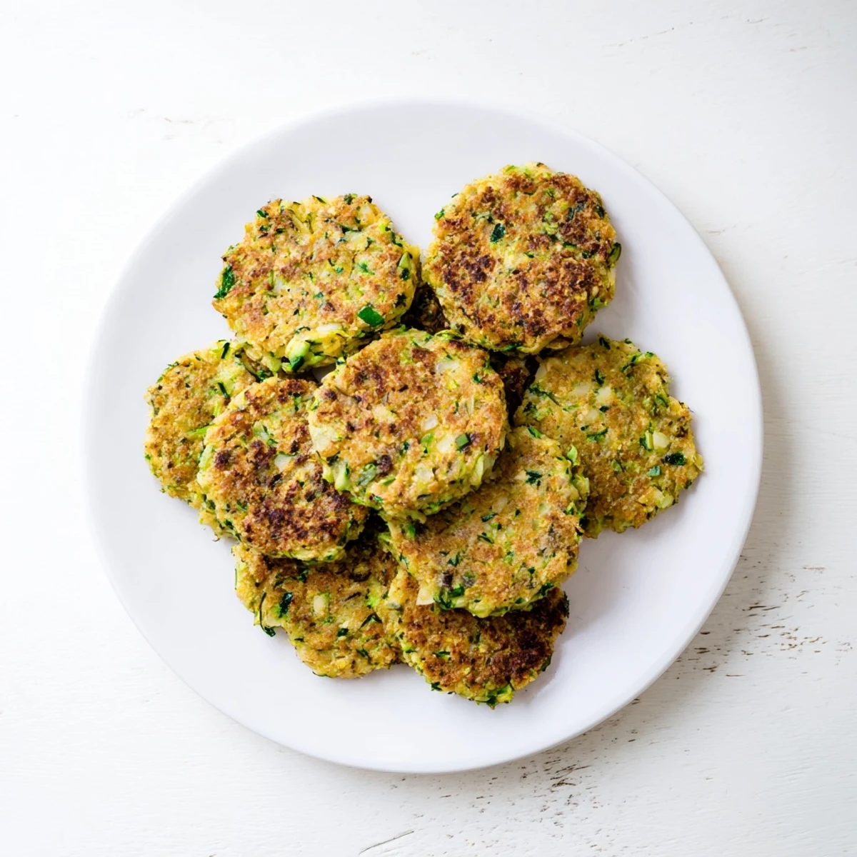 A close-up of crispy Chickpea Zucchini Fritters beside a small bowl of creamy dipping sauce.