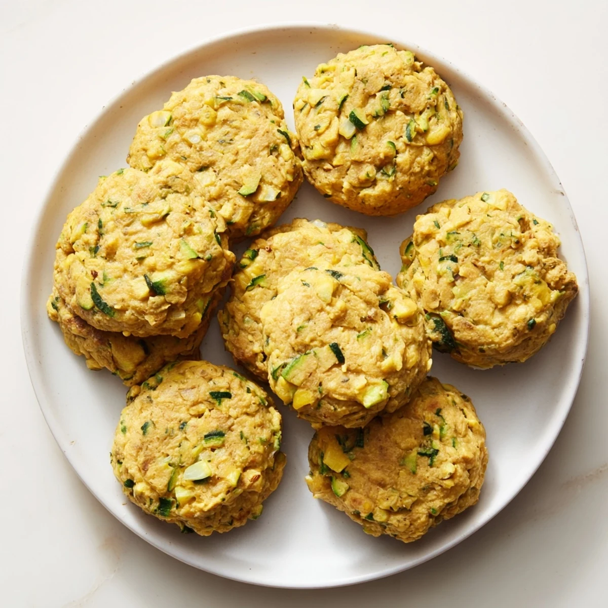 Five freshly fried Chickpea Zucchini Fritters arranged on parchment paper with a sprinkle of fresh herbs.