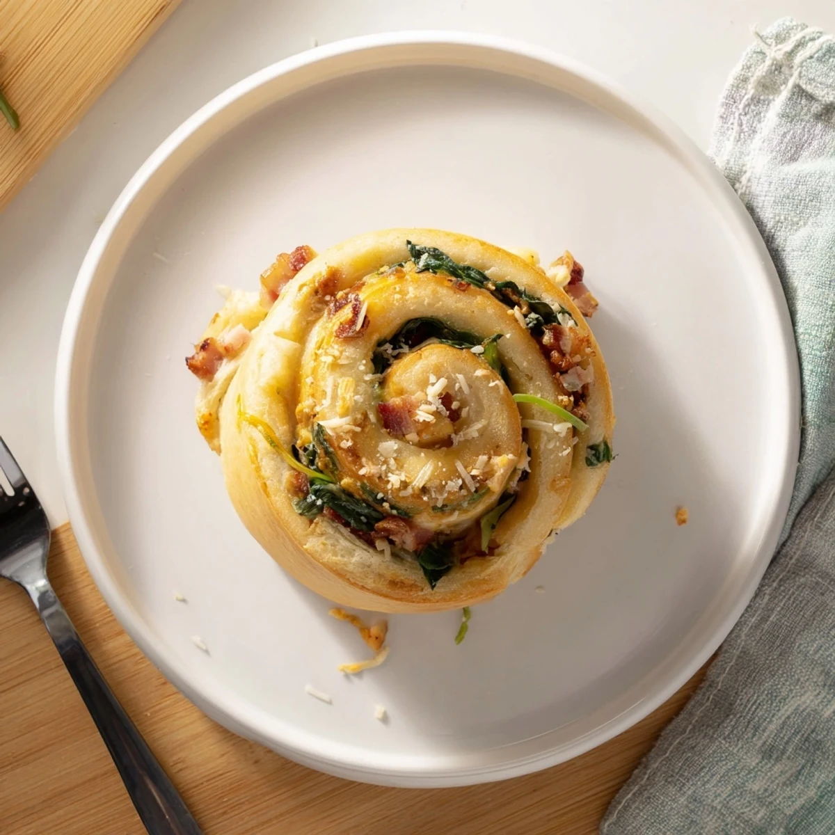 Golden-brown Savory Spinach and Ham Breakfast Rolls sit in a baking dish, brushed with melted butter and a sprinkle of Parmesan.