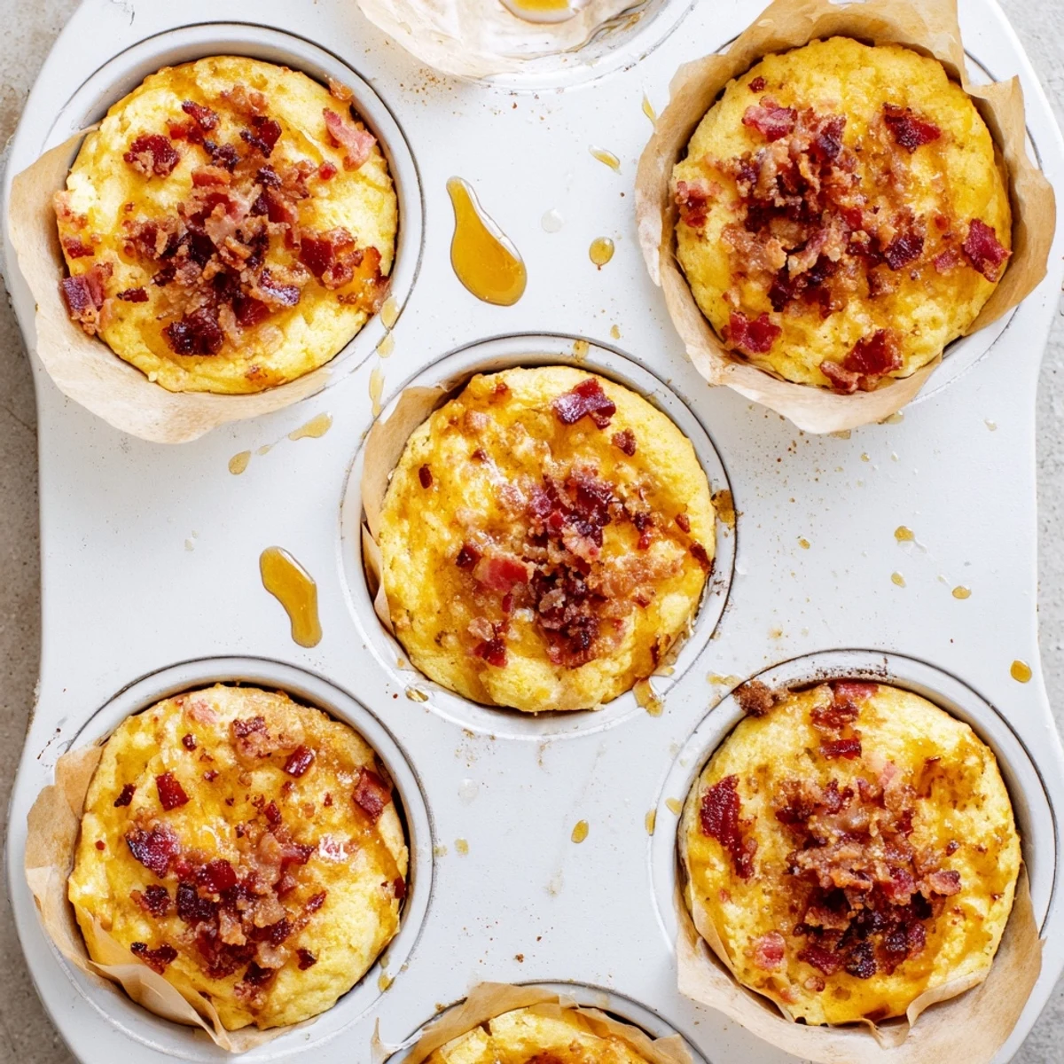Golden-brown Maple Bacon Pancake Muffins studded with crispy bacon bits, fresh from the oven and ready for breakfast.