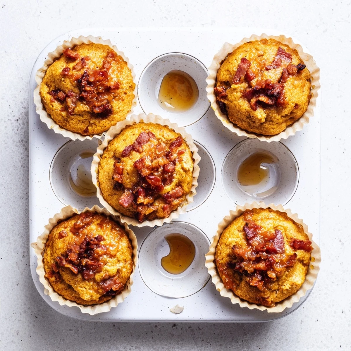 A close-up of Maple Bacon Pancake Muffins reveals fluffy crumbs and savory bacon pieces, perfect for a sweet and salty brunch.