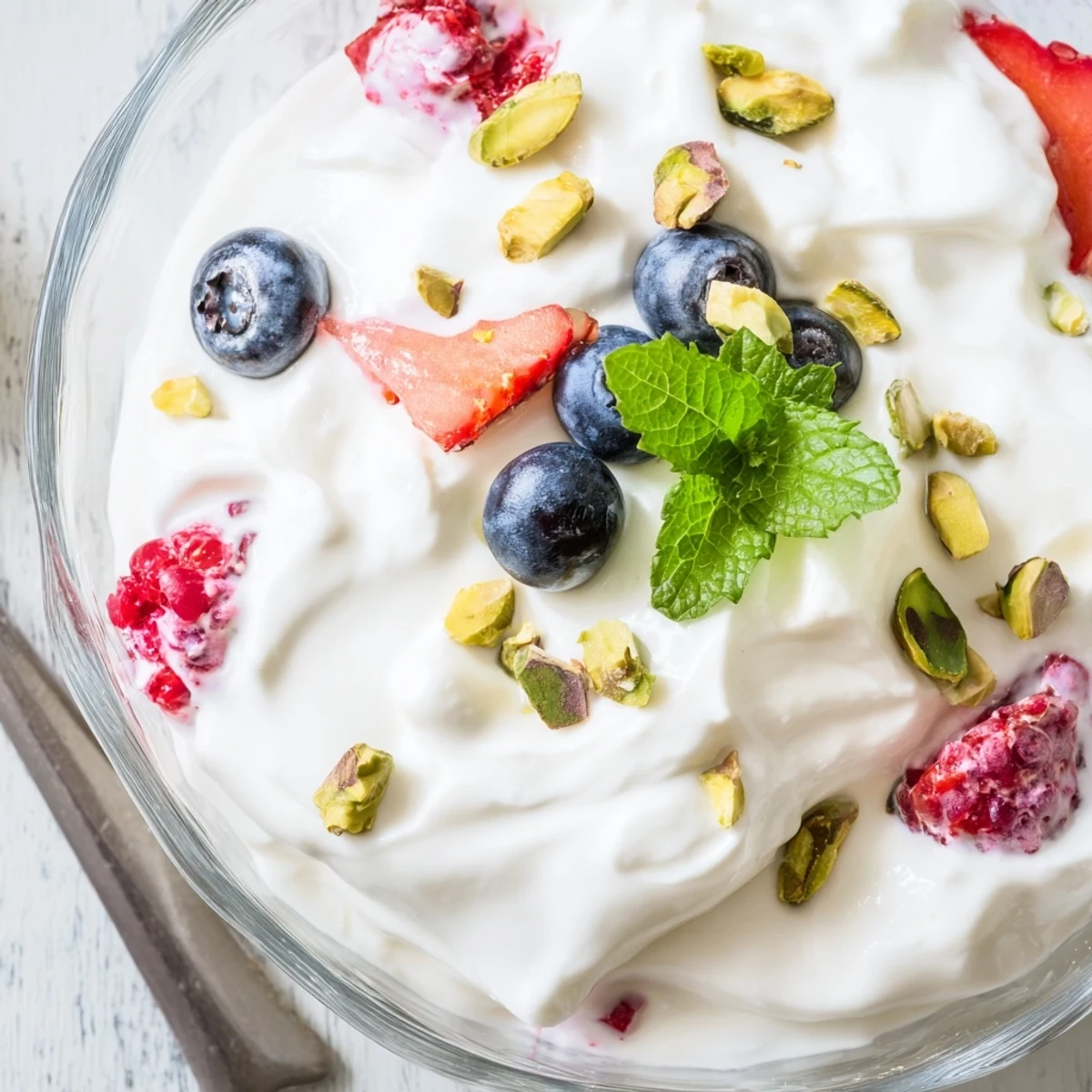 Close up shot of Fluffy Yogurt Cloud Dessert with Berries and Cream garnished with fresh mint and chopped pistachios on top.