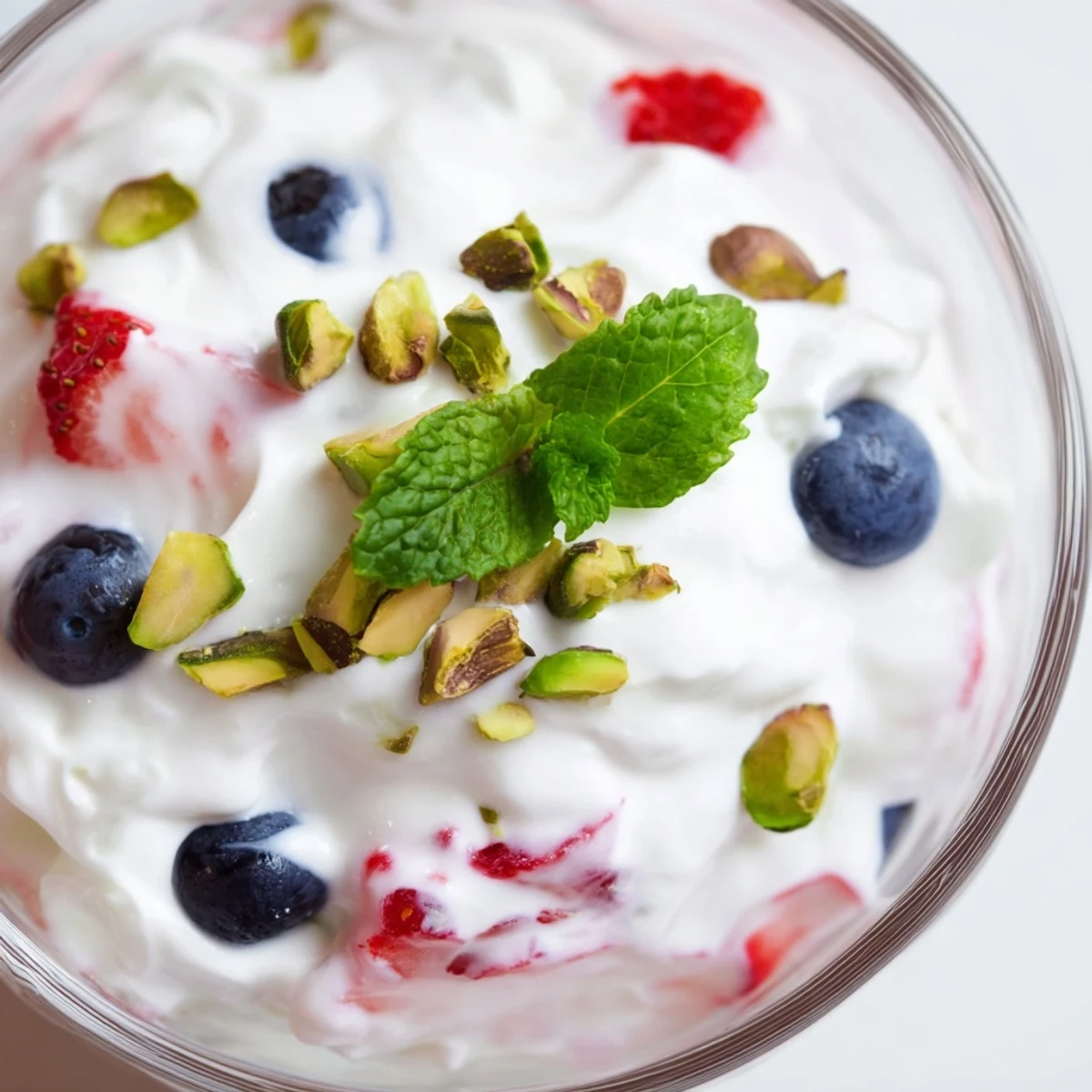 Fluffy Yogurt Cloud Dessert with Berries and Cream layered in a glass with vibrant mixed berries and a dollop of creamy topping.