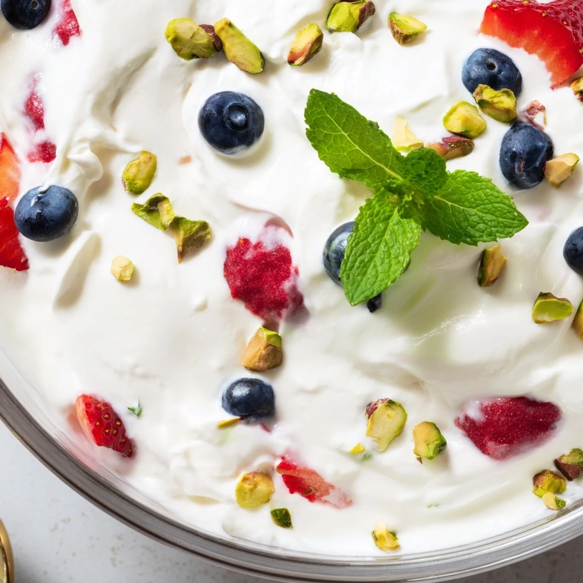 A single serving of Fluffy Yogurt Cloud Dessert with Berries and Cream ready to enjoy, featuring soft peaks and juicy berries.