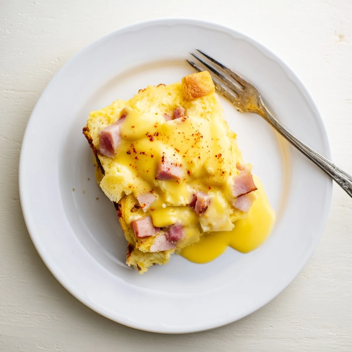 A slice of warm Eggs Benedict Casserole with golden top and silky hollandaise drizzled over.